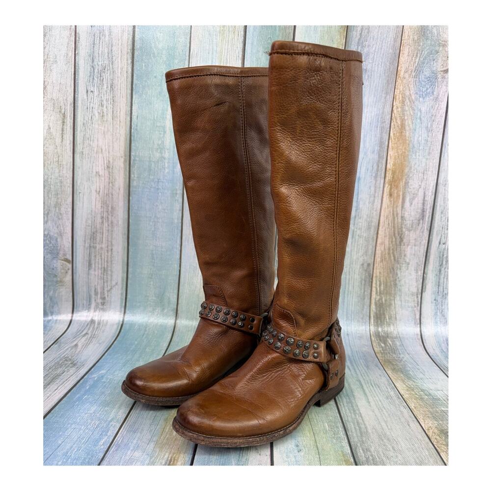 Frye Brown Leather Phillip Studded Harness Tall Boots Size 7.5 Vintage Back Zip